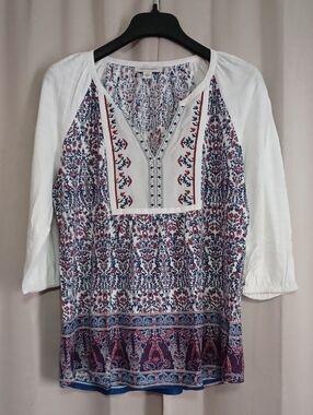 Vintage America Split-Neck Peasant Top Gardenia Victorian Tile 3/4 Raglan Sleeve